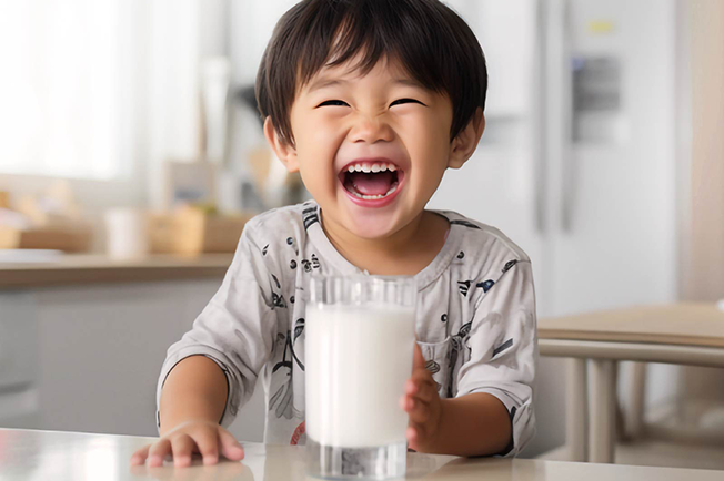 Happy child drinking milk